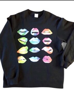 Y2K Retro Pop Art Lips Black Graphic Sweatshirt Medium Rainbow Watercolor